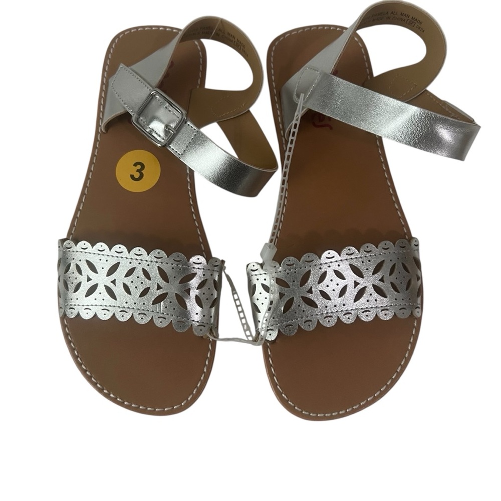 Rachel Silver and Tan Strap & Buckle Slippers, Size 3, NWOT